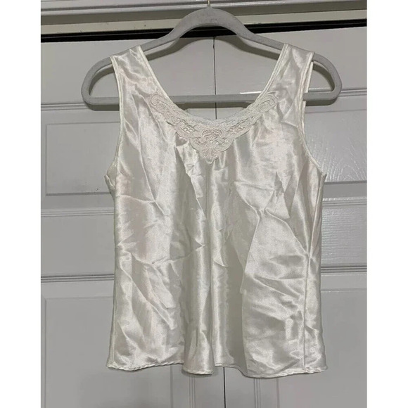 Vintage Escapades Ivory Silky Satin Cami Tank Top Applique Lace Medium (Q43) - Picture 1 of 8